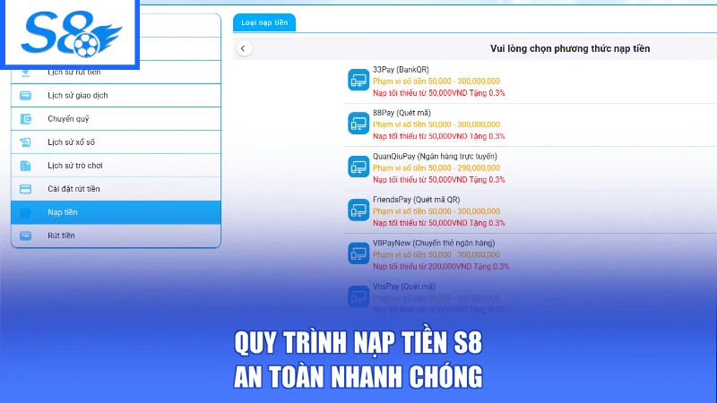 Nạp Tiền S8 1 Quy trình nạp tiền S8 an toàn nhanh chóng